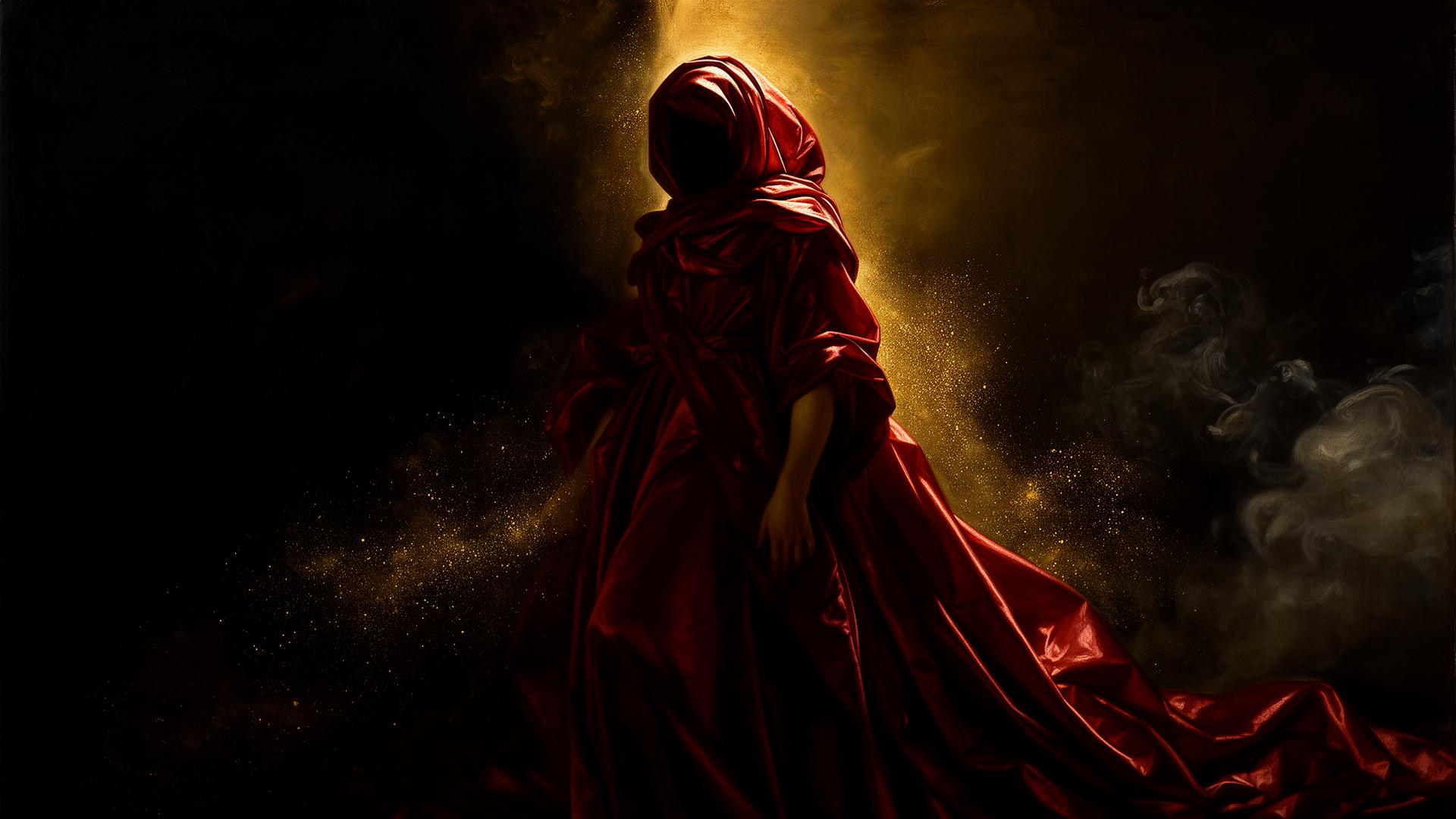 A hooded figure draped in crimson silk emerging from velvet darkness, allegory of temptation